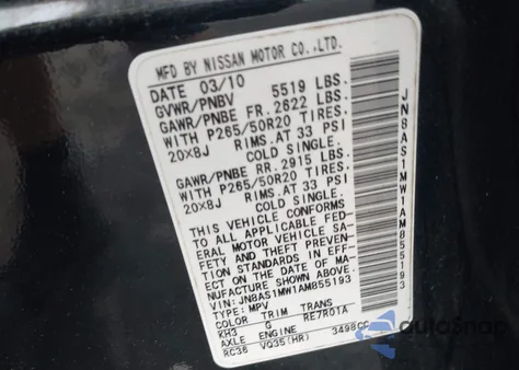 2010 Infiniti Fx35 z USA, uszkodzony, nr VIN JN8AS1MW1AM855193